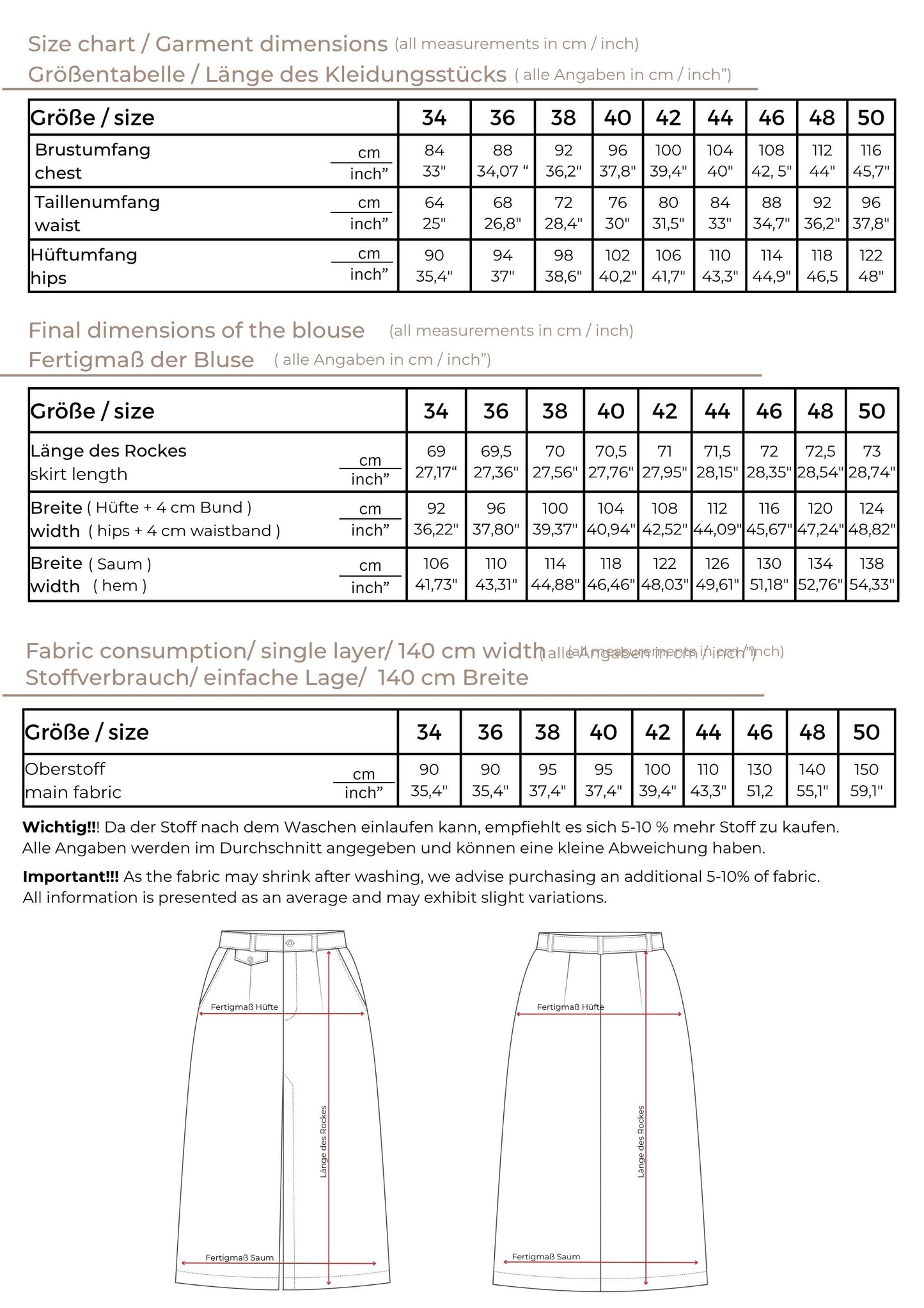 PDF Schnittmuster Rock A-Linie Schlitz Damenrock mit Schlitz klassischer eleganter Rock mit Taschen