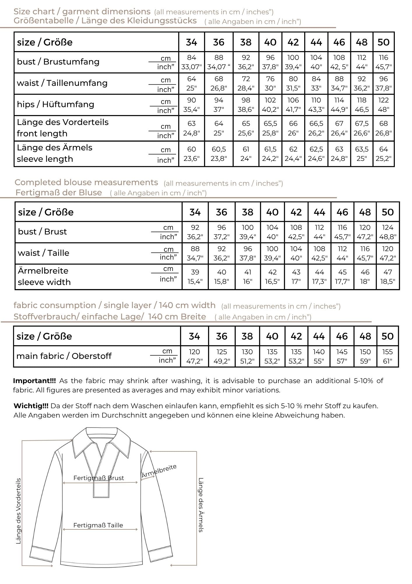 elegante Damen Bluse PDF Schnittmuster lange Ärmel V-Ausschnitt und Kragen Schnittmuster mit Ebenen