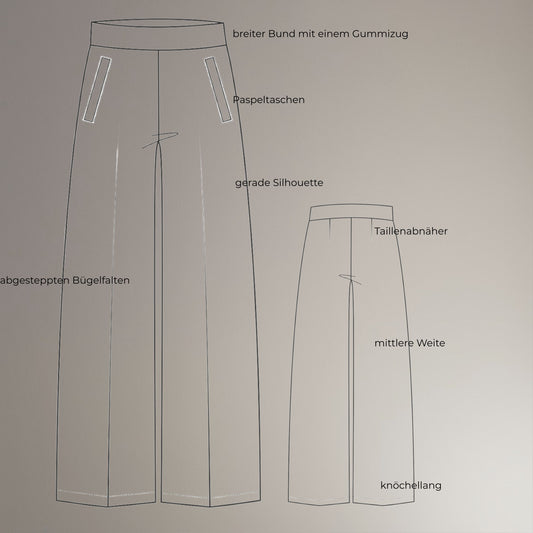 Schnittmuster Hose – Weite, elegante Hose mit Paspeltaschen und Bundfalten