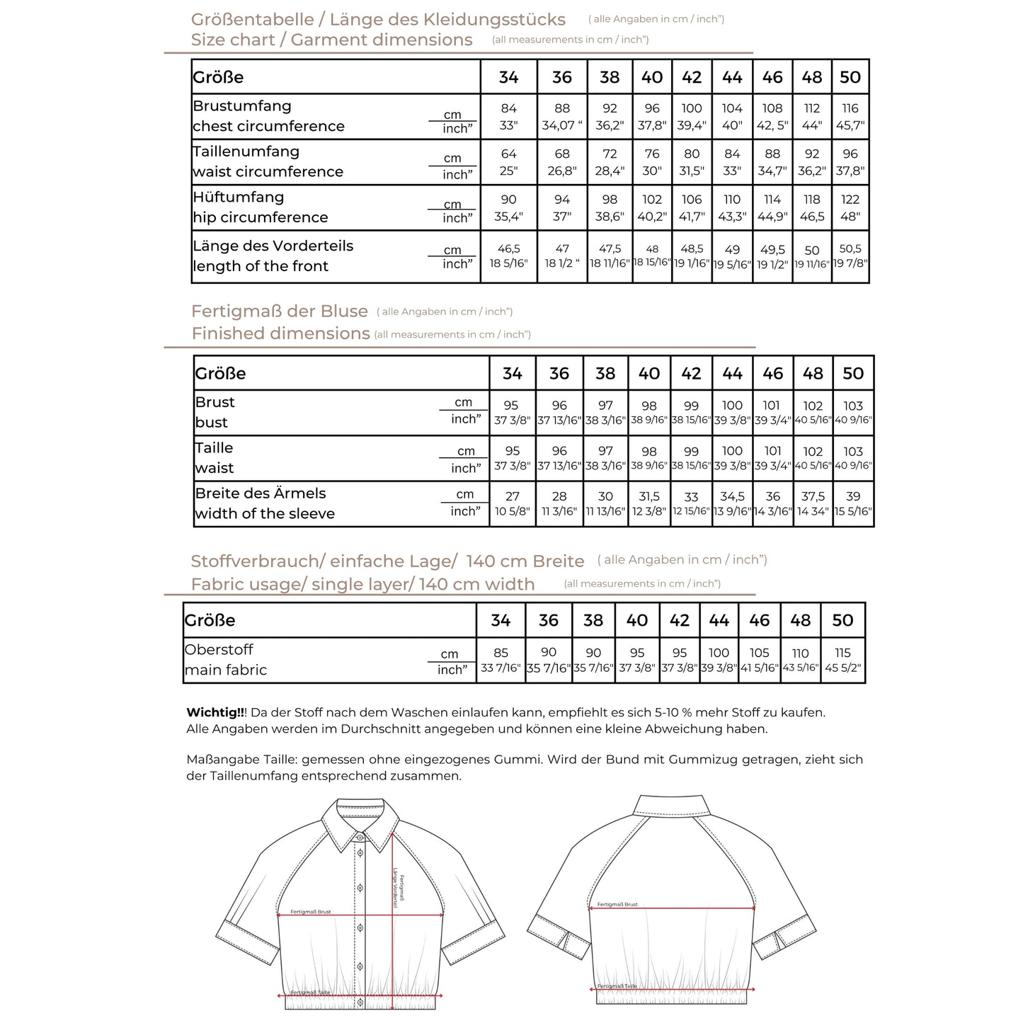 Bluse mit Kragen und Reglanärmel, PDF-Schnittmuster mit Ebenen, Größe 36-50