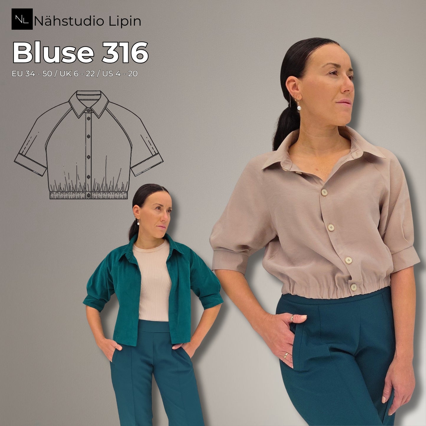 Bluse mit Kragen und Reglanärmel, PDF-Schnittmuster mit Ebenen, Größe 36-50