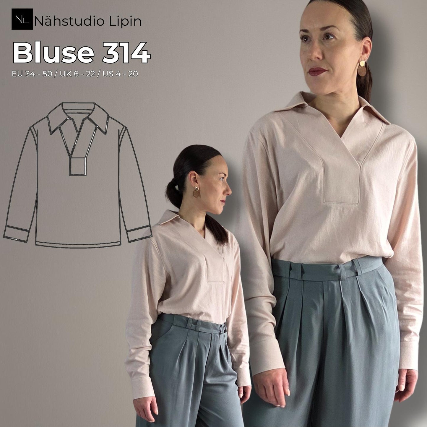 elegante Damen Bluse PDF Schnittmuster lange Ärmel V-Ausschnitt und Kragen Schnittmuster mit Ebenen