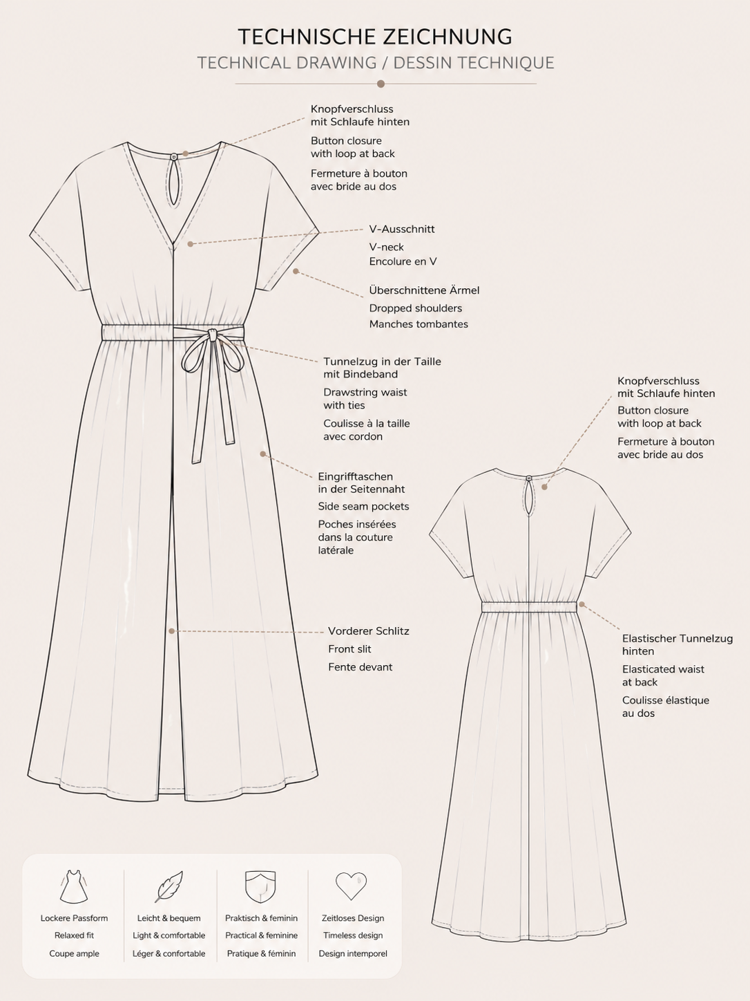 Maxikleid Schnittmuster PDF – Kleid mit V-Ausschnitt, Taschen & Schlitz | Größen 34–50