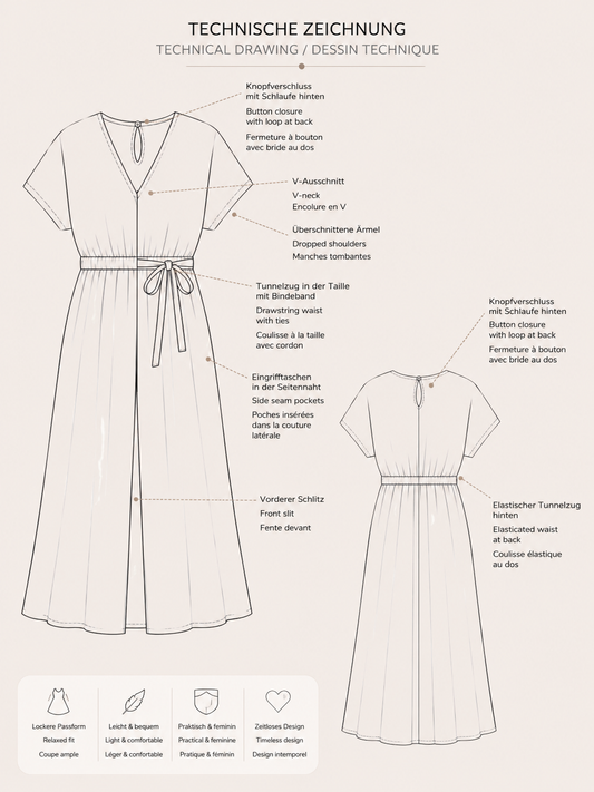 Maxikleid Schnittmuster PDF – Kleid mit V-Ausschnitt, Taschen & Schlitz | Größen 34–50
