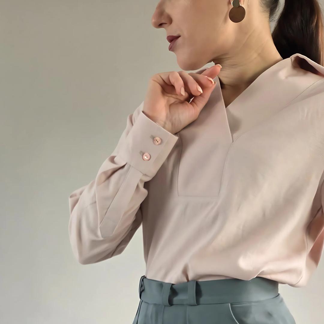 elegante Damen Bluse PDF Schnittmuster lange Ärmel V-Ausschnitt und Kragen Schnittmuster mit Ebenen