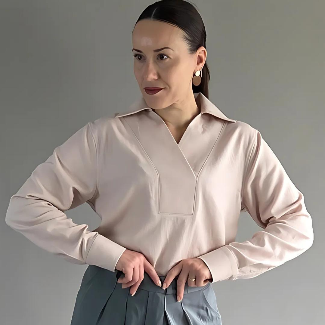 elegante Damen Bluse PDF Schnittmuster lange Ärmel V-Ausschnitt und Kragen Schnittmuster mit Ebenen