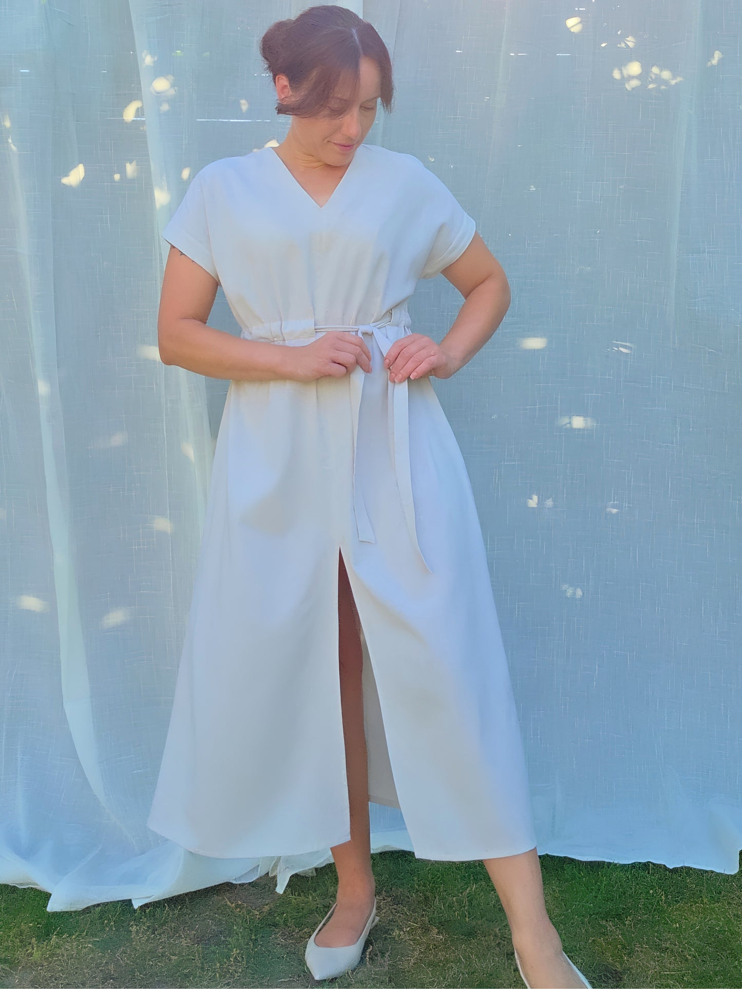 Maxikleid Schnittmuster PDF – Kleid mit V-Ausschnitt, Taschen & Schlitz | Größen 34–50