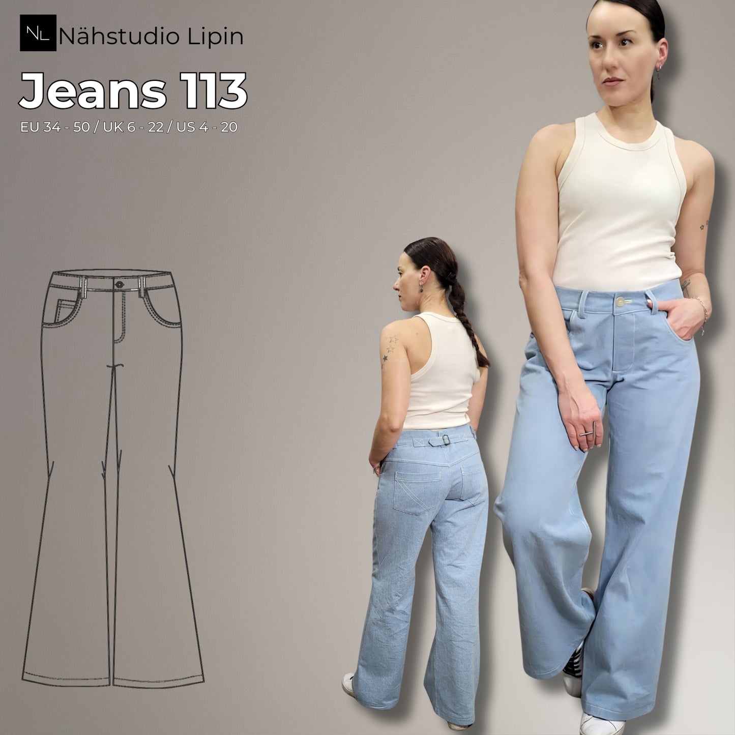 Jeans Schnittmuster Damen PDF – weite High Waist Hose nähen