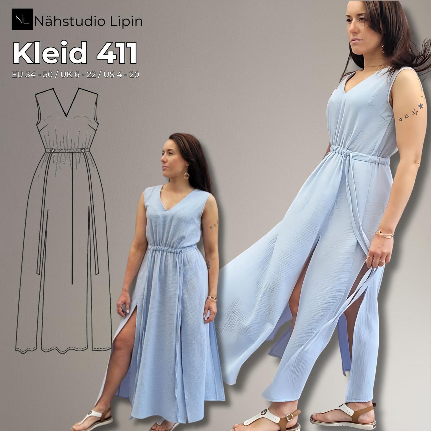 Schnittmuster Maxikleid Sommerkleid mit Schlitz und V-Ausschnitt  PDF Schnittmuster