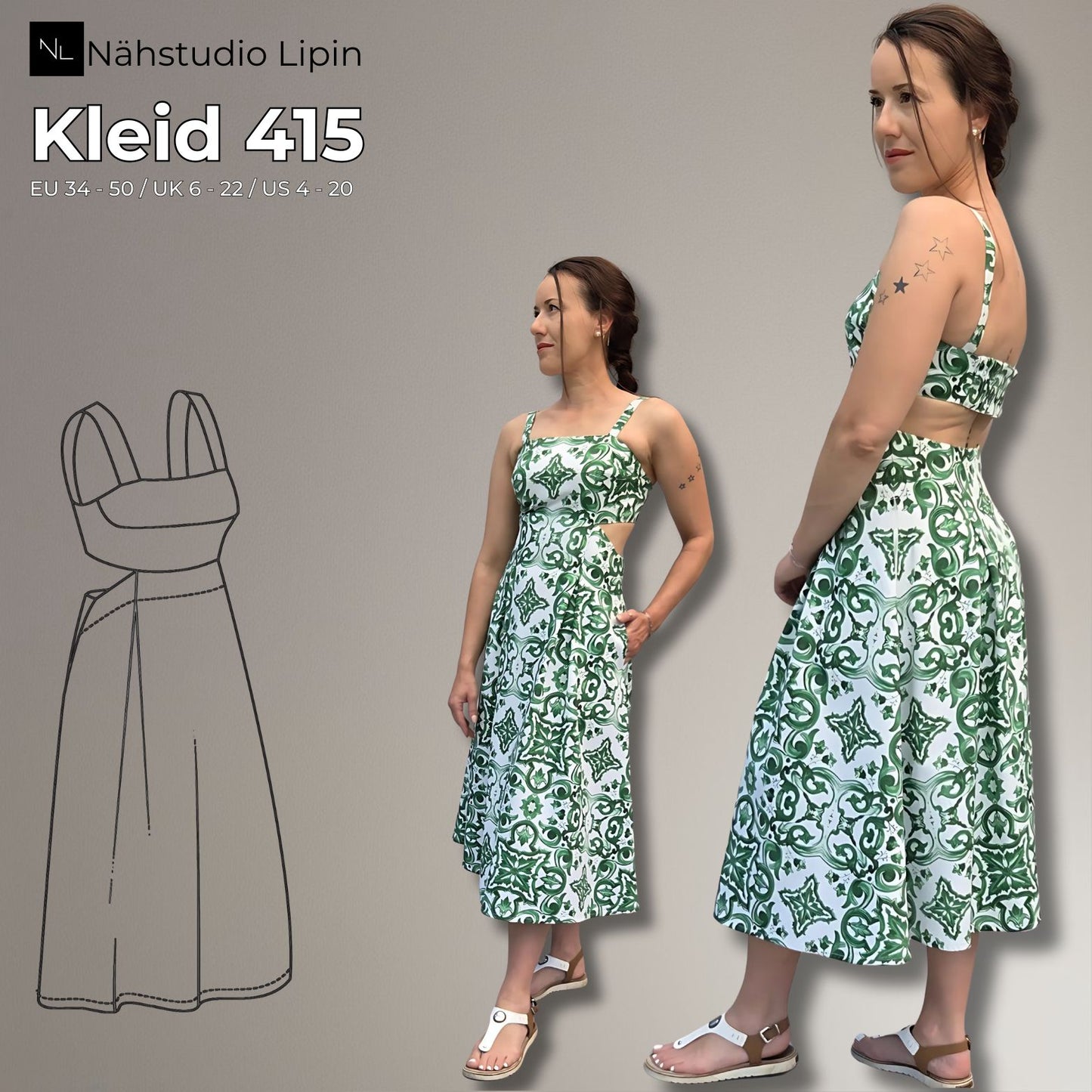 Schnittmuster Trägerkleid mit offenem Rücken, A-Linie, Midi-Kleid, PDF Schnittmuster mit Ebenen