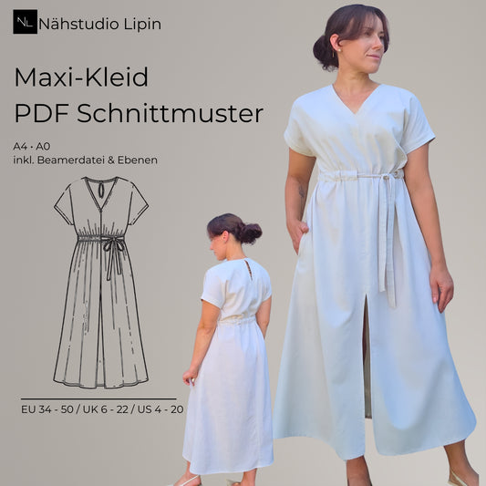 Maxikleid Schnittmuster PDF – Kleid mit V-Ausschnitt, Taschen & Schlitz | Größen 34–50
