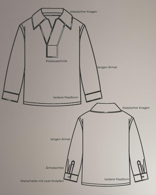 elegante Damen Bluse PDF Schnittmuster lange Ärmel V-Ausschnitt und Kragen Schnittmuster mit Ebenen