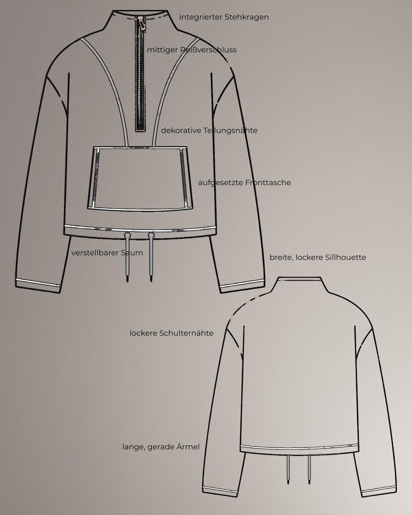 Schnittmuster Pullover mit Reißverschluss Stehkragen PDF Schnittmuster Sweater