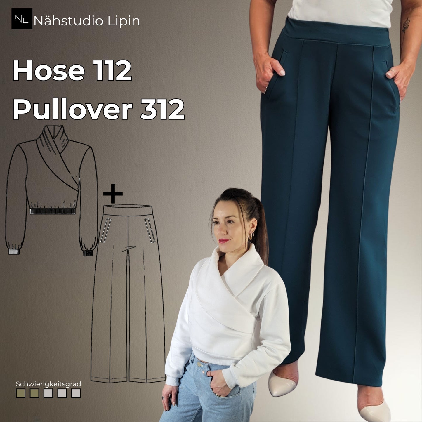 PDF Schnittmuster Set, elegante Hose + Pullover, Ebenen und Beamerdateien, Größe 34/ 36 - 50