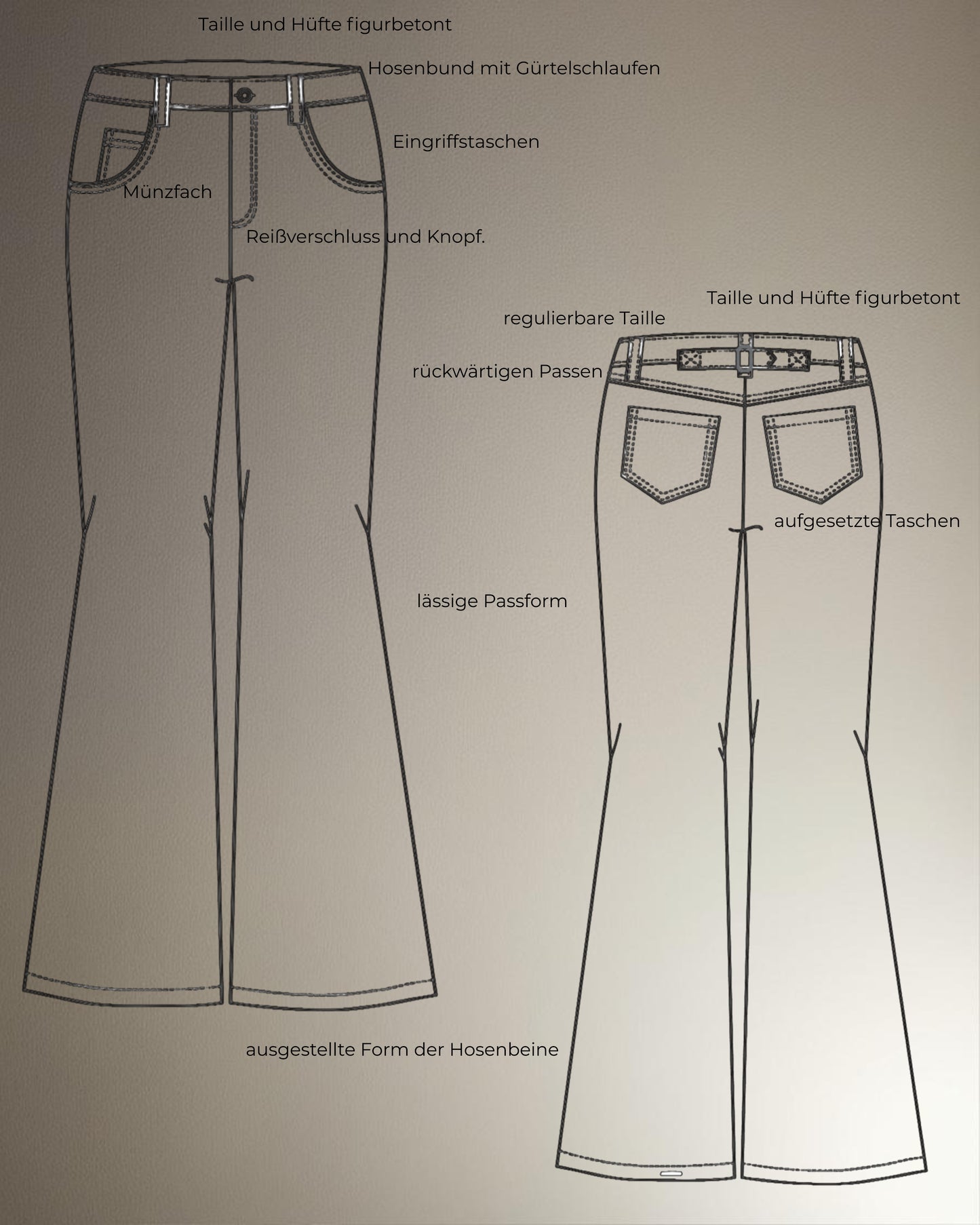 Jeans Schnittmuster Damen PDF – weite High Waist Hose nähen