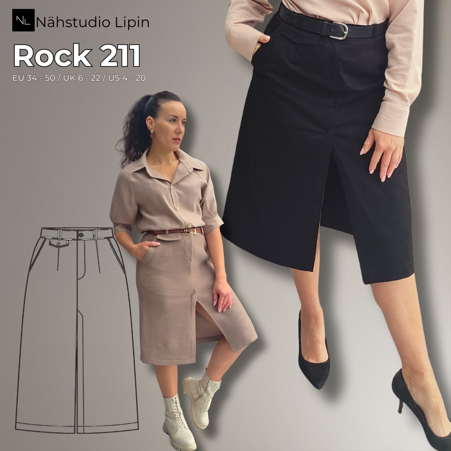 PDF Schnittmuster Rock A-Linie Schlitz  Damenrock mit Schlitz klassischer eleganter Rock mit Taschen