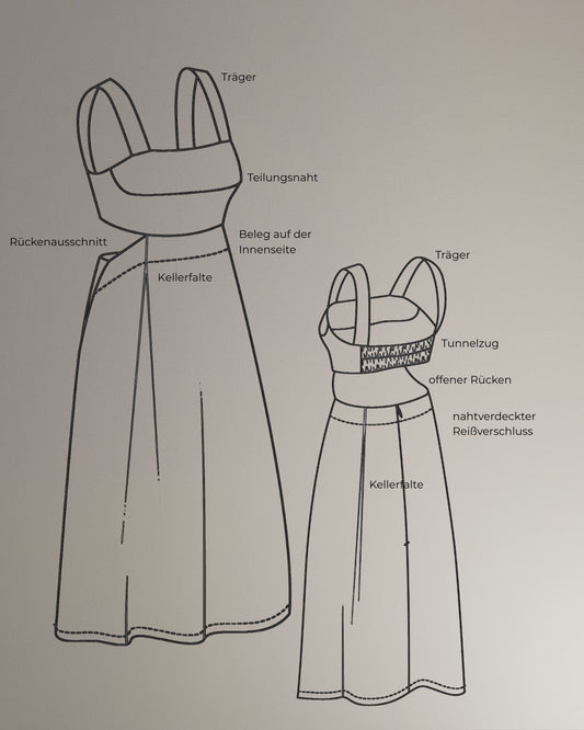 Schnittmuster Trägerkleid mit offenem Rücken, A-Linie, Midi-Kleid, PDF Schnittmuster mit Ebenen