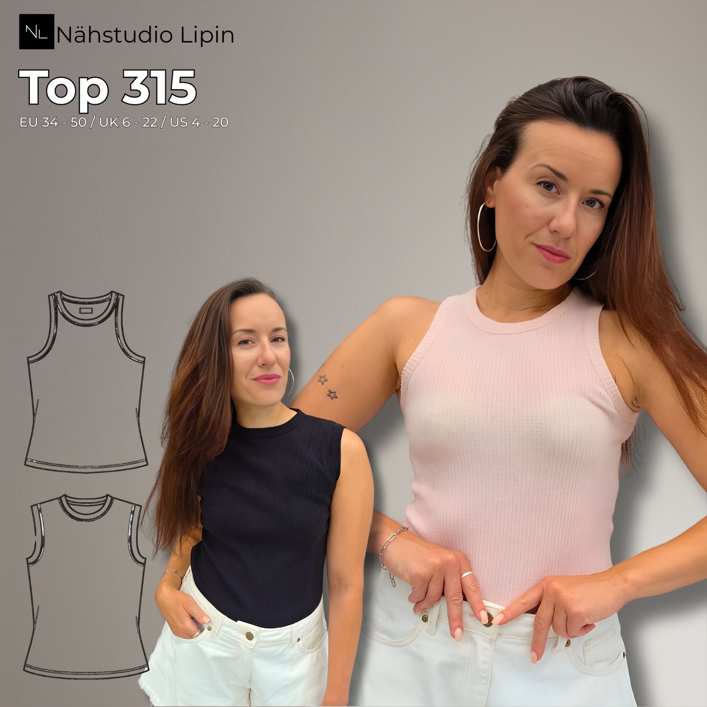 Tanktop, Croptop, ärmelloses Top in 2 Varianten, PDF-Schnittmuster mit Beamerdateien und Ebenen