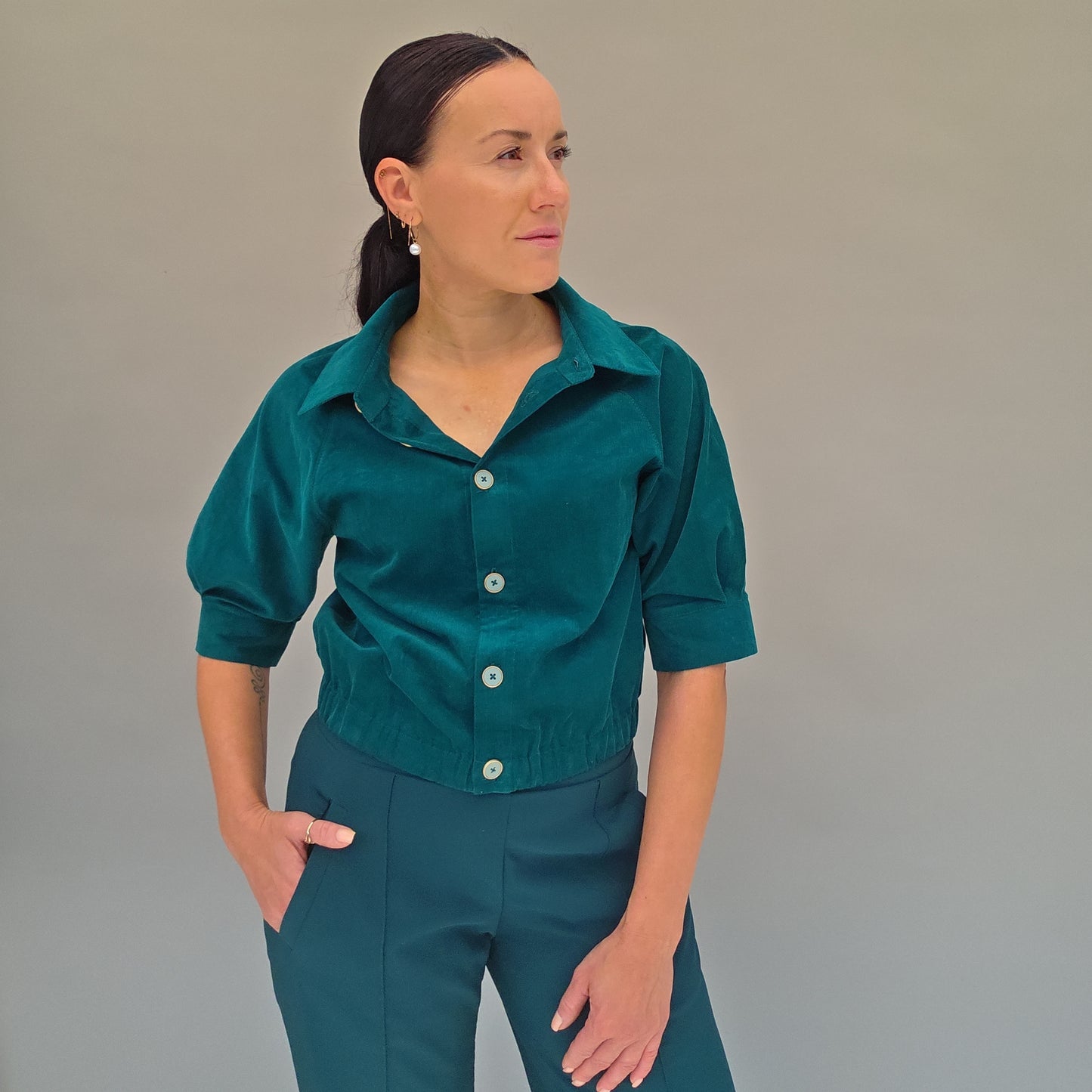 Bluse mit Kragen und Reglanärmel, PDF-Schnittmuster mit Ebenen, Größe 36-50