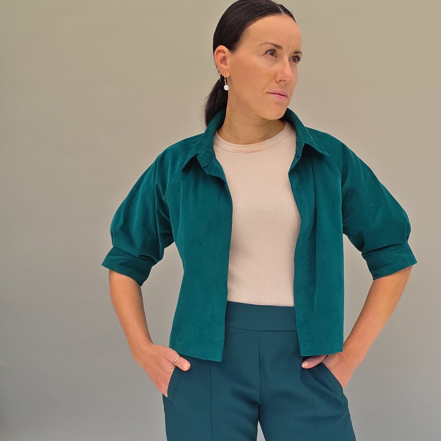 Bluse mit Kragen und Reglanärmel, PDF-Schnittmuster mit Ebenen, Größe 36-50