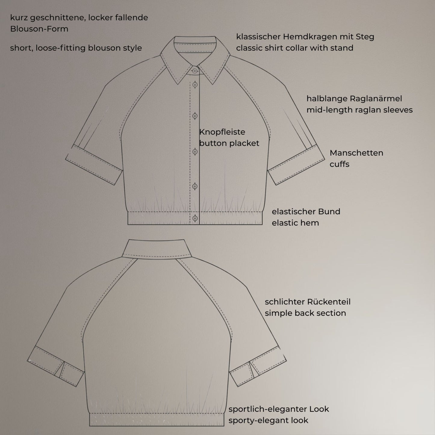 Bluse mit Kragen und Reglanärmel, PDF-Schnittmuster mit Ebenen, Größe 36-50