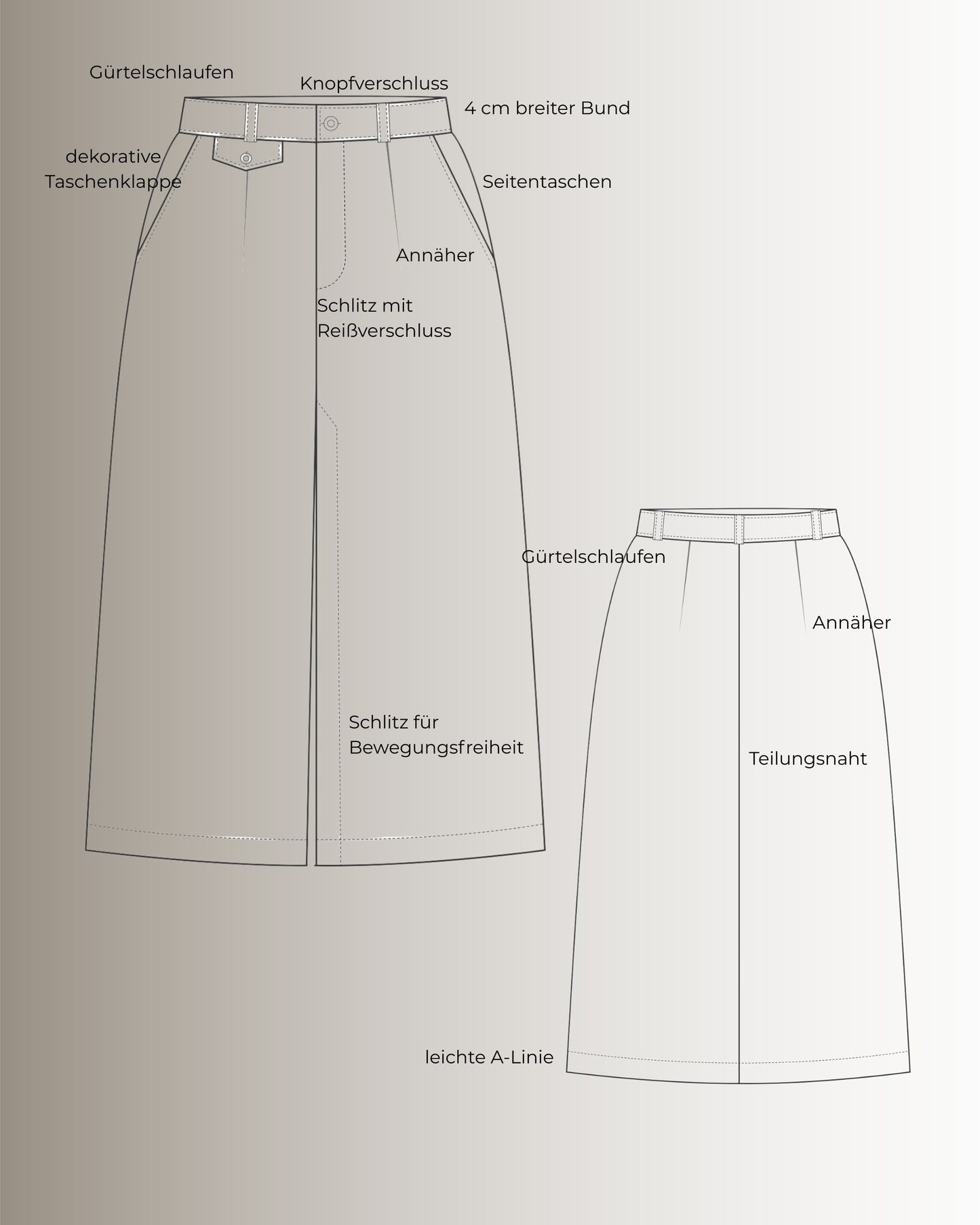 PDF Schnittmuster Rock A-Linie Schlitz  Damenrock mit Schlitz klassischer eleganter Rock mit Taschen