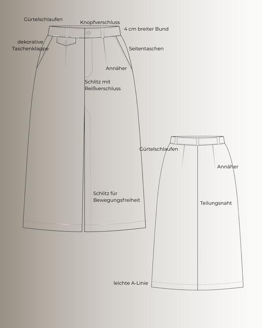 PDF Schnittmuster Rock A-Linie Schlitz  Damenrock mit Schlitz klassischer eleganter Rock mit Taschen