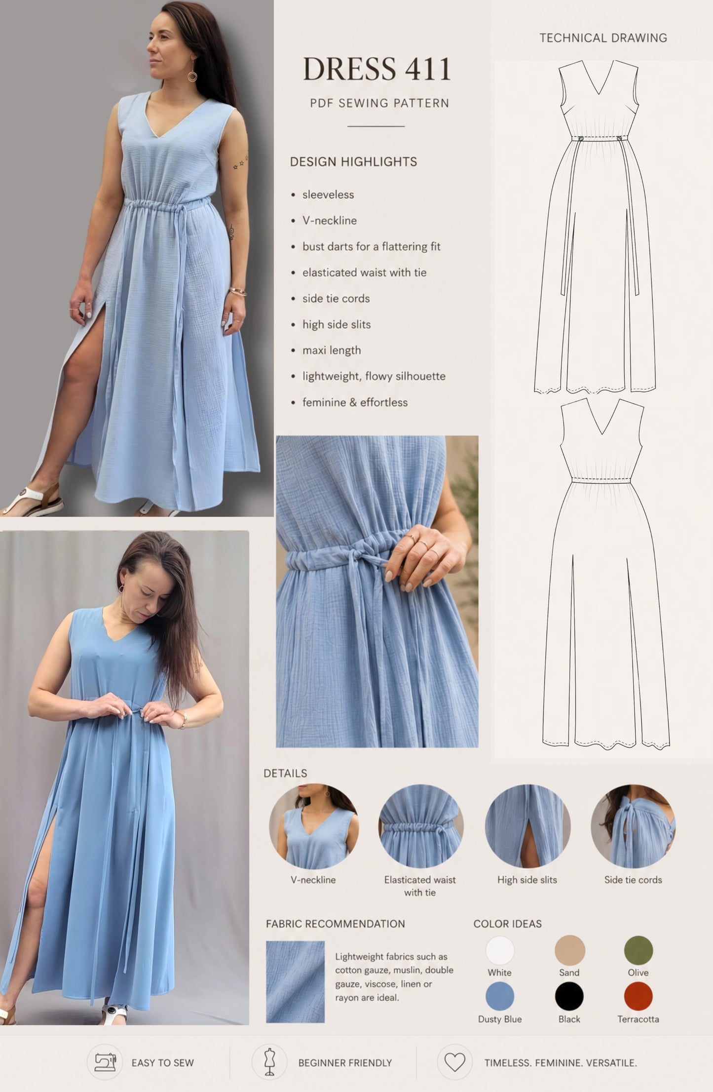Schnittmuster Maxikleid Sommerkleid mit Schlitz und V-Ausschnitt  PDF Schnittmuster