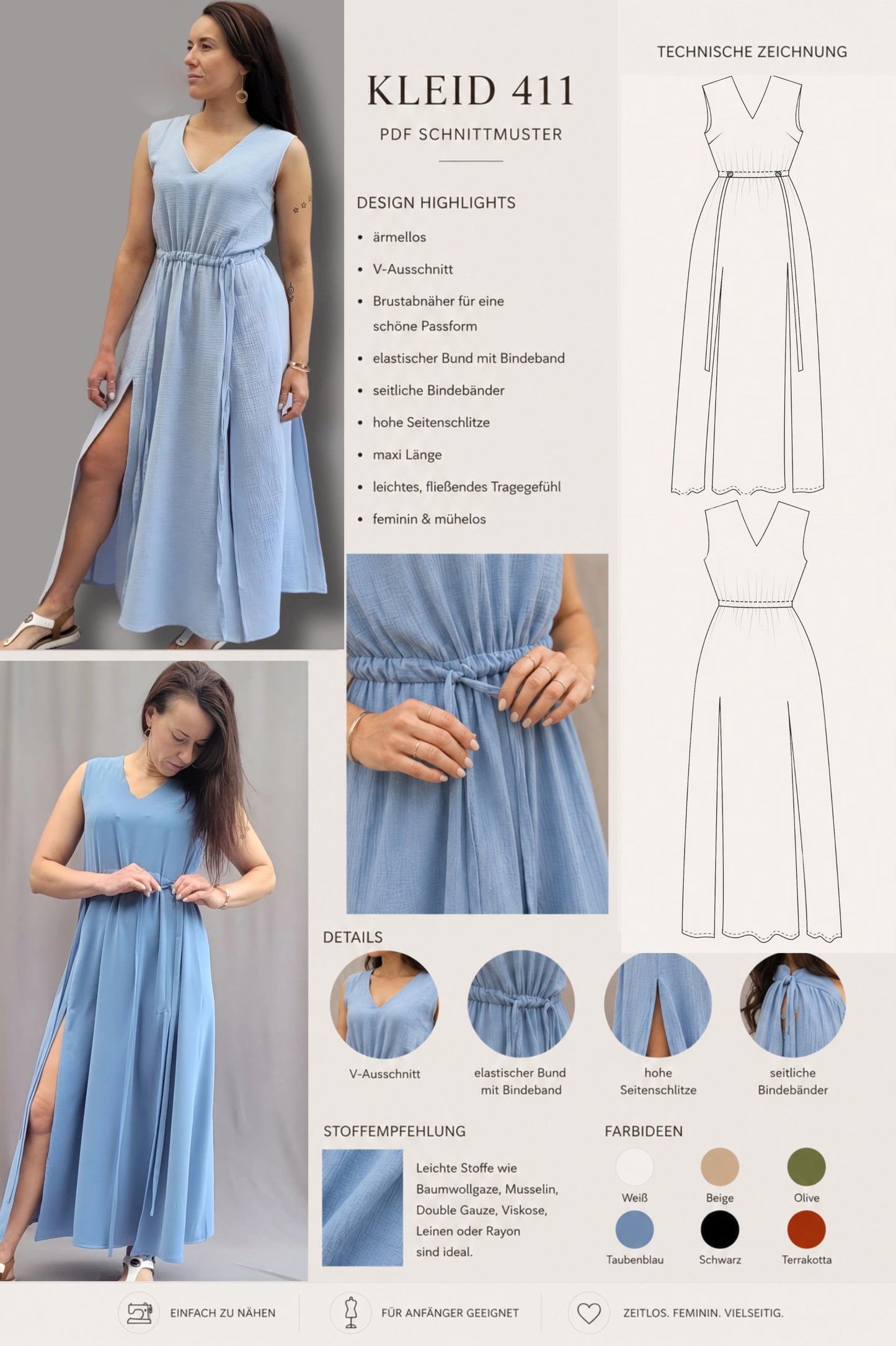 Schnittmuster Maxikleid Sommerkleid mit Schlitz und V-Ausschnitt  PDF Schnittmuster